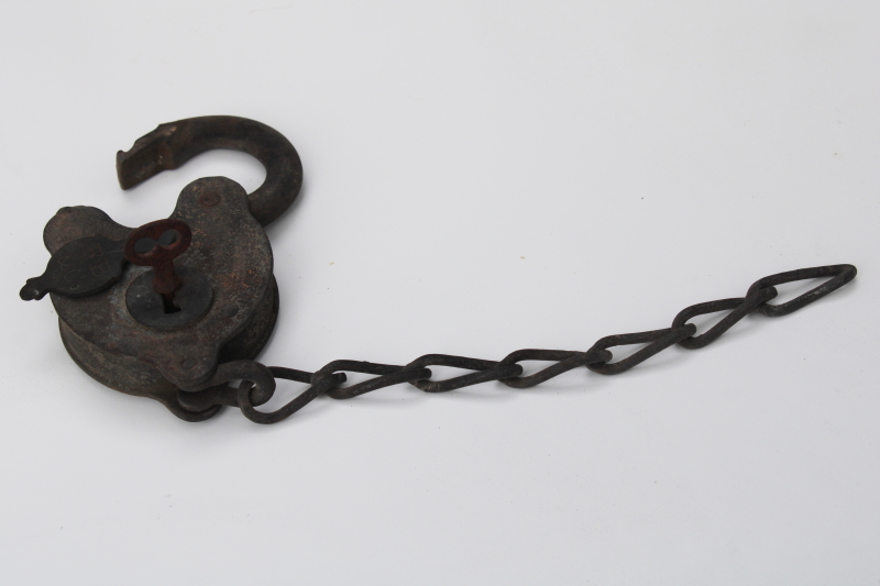 photo of antique iron padlock w/ chain, brass cover keyhole working lock w/ key F B & Co 1800s vintage #1