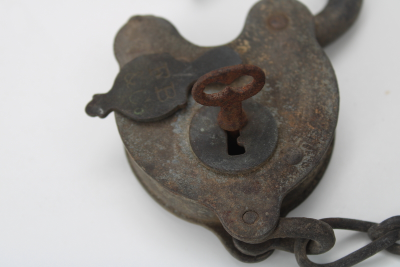 photo of antique iron padlock w/ chain, brass cover keyhole working lock w/ key F B & Co 1800s vintage #2