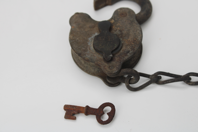 photo of antique iron padlock w/ chain, brass cover keyhole working lock w/ key F B & Co 1800s vintage #3