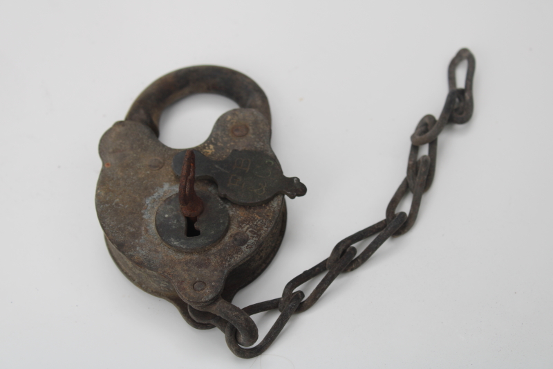 photo of antique iron padlock w/ chain, brass cover keyhole working lock w/ key F B & Co 1800s vintage #4