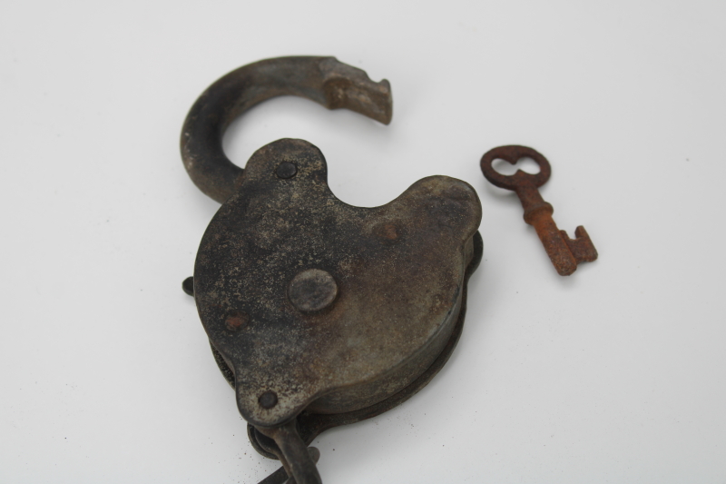 photo of antique iron padlock w/ chain, brass cover keyhole working lock w/ key F B & Co 1800s vintage #6