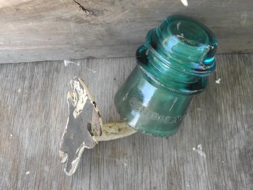 photo of antique iron wall bracket peg, old blue glass insulator holder hook #2