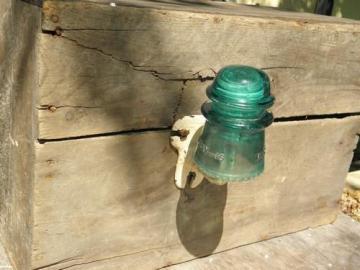 catalog photo of antique iron wall bracket peg, old blue glass insulator holder hook