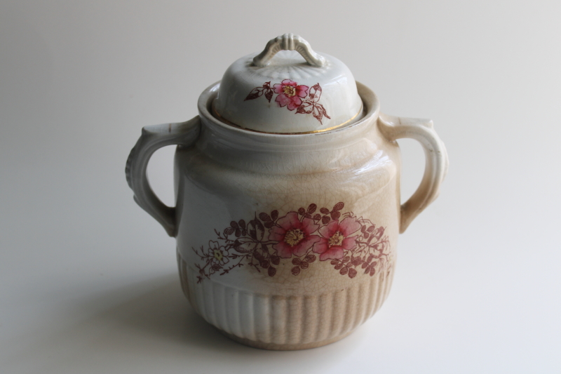 photo of antique ironstone biscuit jar,crazed stained vintage china w/ pink & brown floral  #1