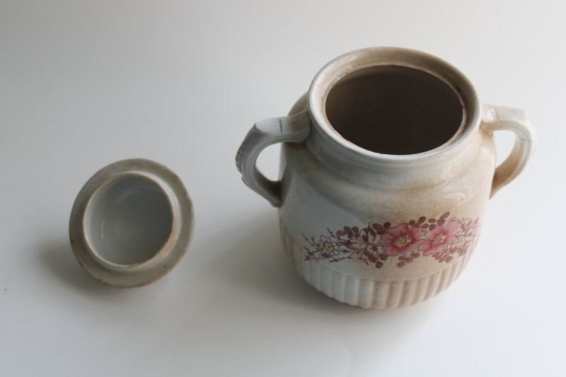 photo of antique ironstone biscuit jar,crazed stained vintage china w/ pink & brown floral  #2