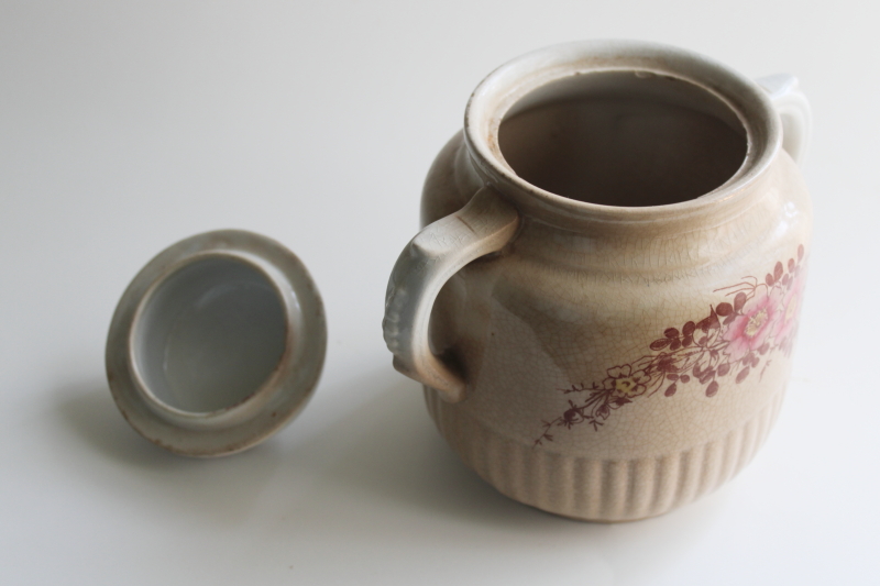 photo of antique ironstone biscuit jar,crazed stained vintage china w/ pink & brown floral  #4