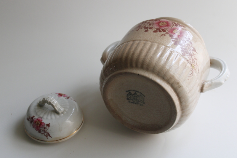 photo of antique ironstone biscuit jar,crazed stained vintage china w/ pink & brown floral  #5