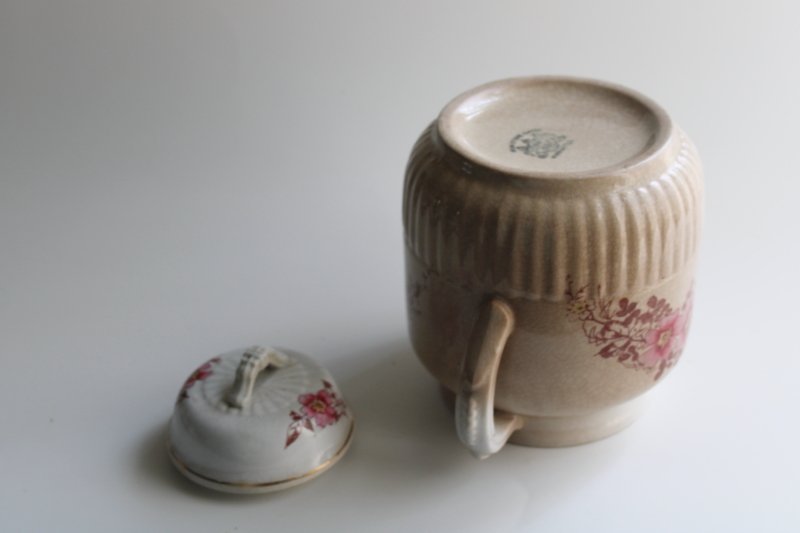 photo of antique ironstone biscuit jar,crazed stained vintage china w/ pink & brown floral  #7