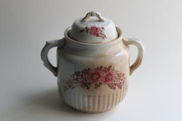 catalog photo of antique ironstone biscuit jar,crazed stained vintage china w/ pink & brown floral 