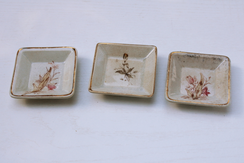 photo of antique ironstone butter pats, turn of the century vintage transferware china, worn stained #1