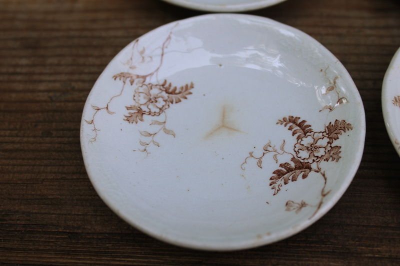 photo of antique ironstone china butter pats, tiny dishes or plates brown transferware ferns pattern  #2
