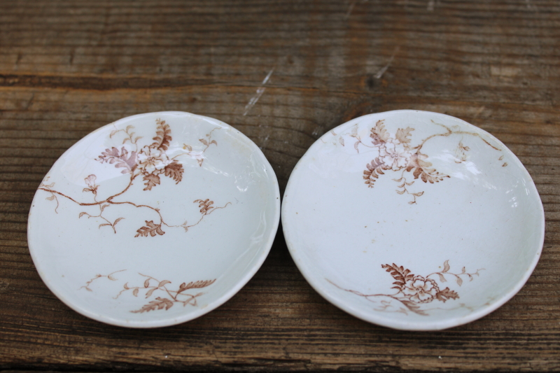 photo of antique ironstone china butter pats, tiny dishes or plates brown transferware ferns pattern  #3