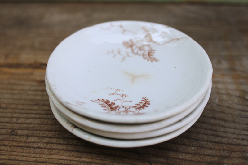 photo of antique ironstone china butter pats, tiny dishes or plates brown transferware ferns pattern  #6