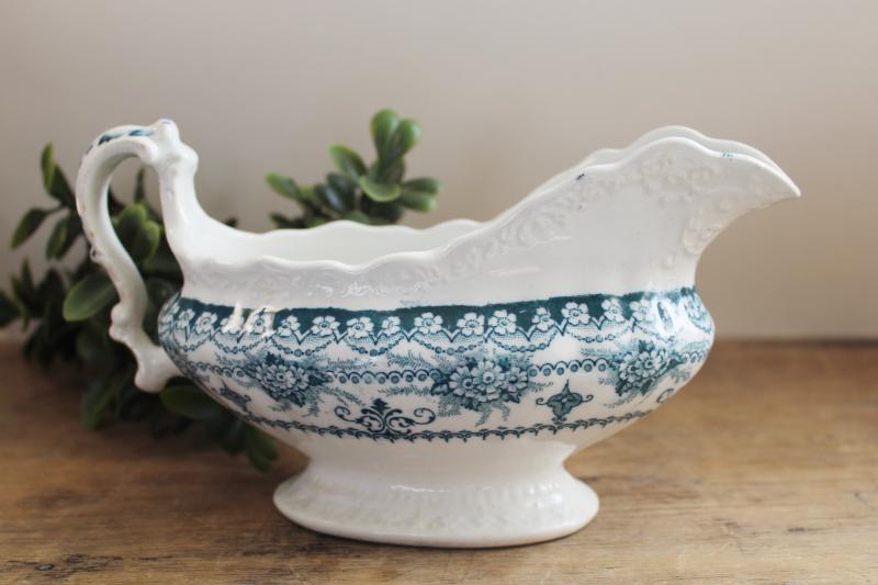 photo of antique ironstone china gravy boat pitcher, Maltese floral transferware teal blue green #1