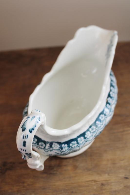 photo of antique ironstone china gravy boat pitcher, Maltese floral transferware teal blue green #4