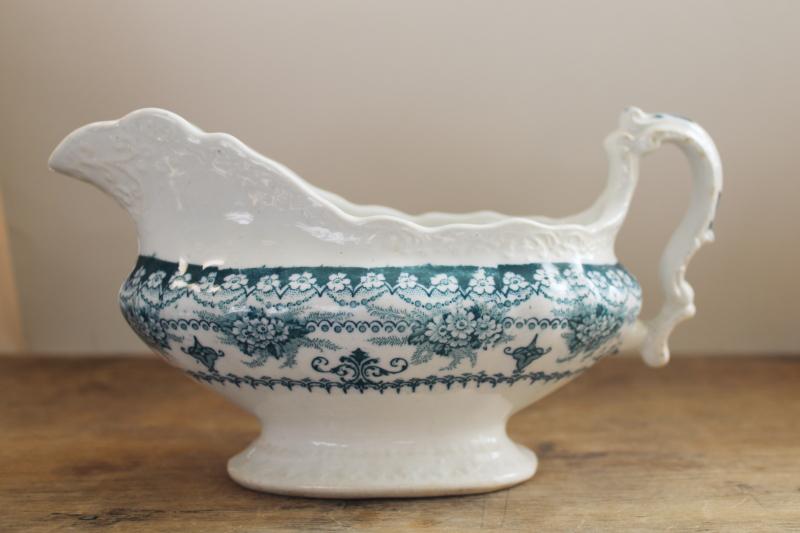 photo of antique ironstone china gravy boat pitcher, Maltese floral transferware teal blue green #6