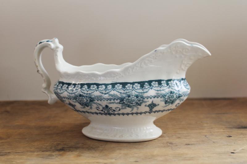 photo of antique ironstone china gravy boat pitcher, Maltese floral transferware teal blue green #7