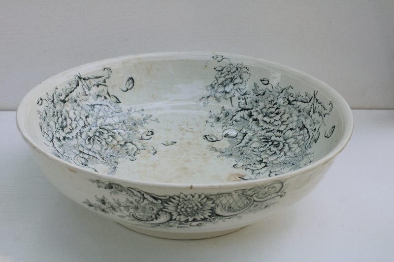 photo of antique ironstone china, huge wash basin bowl blue transferware floral Scotia Pitcairns porcelaine royale #1