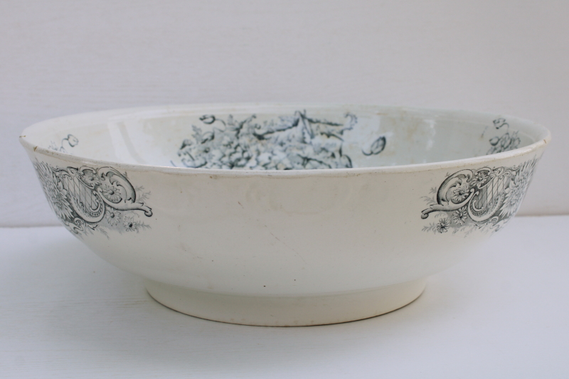 photo of antique ironstone china, huge wash basin bowl blue transferware floral Scotia Pitcairns porcelaine royale  #2