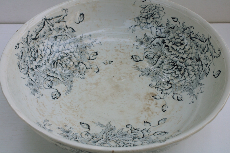 photo of antique ironstone china, huge wash basin bowl blue transferware floral Scotia Pitcairns porcelaine royale  #3