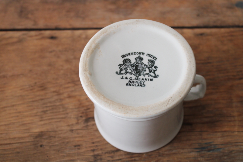 photo of antique ironstone china, large plain white mug J & G Meakin mark w/ English Royal Arms  #2