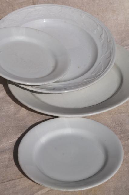 photo of antique ironstone china plates, plain white Wedgwood & embossed lily morning glory vine #1