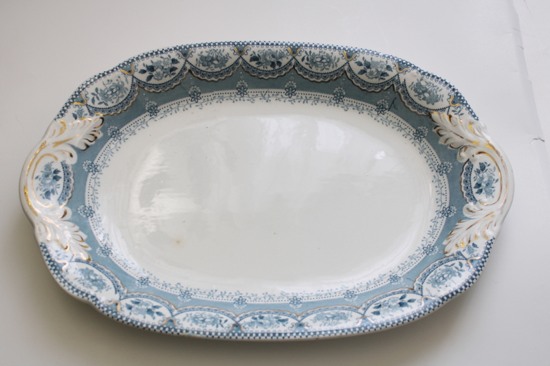 photo of antique ironstone china platter, Venetian aqua green transferware scalloped border floral #1