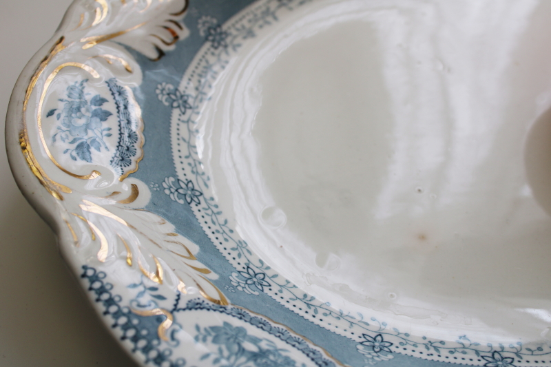 photo of antique ironstone china platter, Venetian aqua green transferware scalloped border floral #3