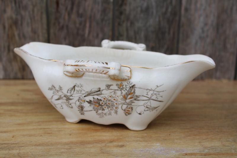 photo of antique ironstone china sauce dish double spout pitcher, aesthetic floral grey transferware  #1