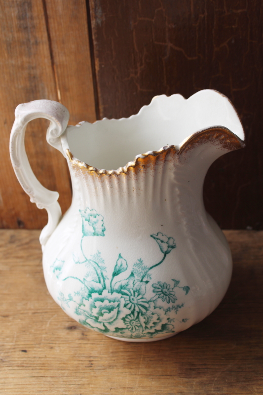 photo of antique ironstone pitcher, shabby crazed stained transferware china w/ teal green poppies floral  #3