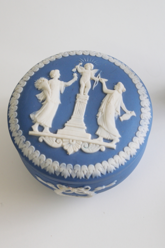 photo of antique jasperware china vanity set w/ powder, trinket box Schafer & Vater Wedgwood blue & white #6