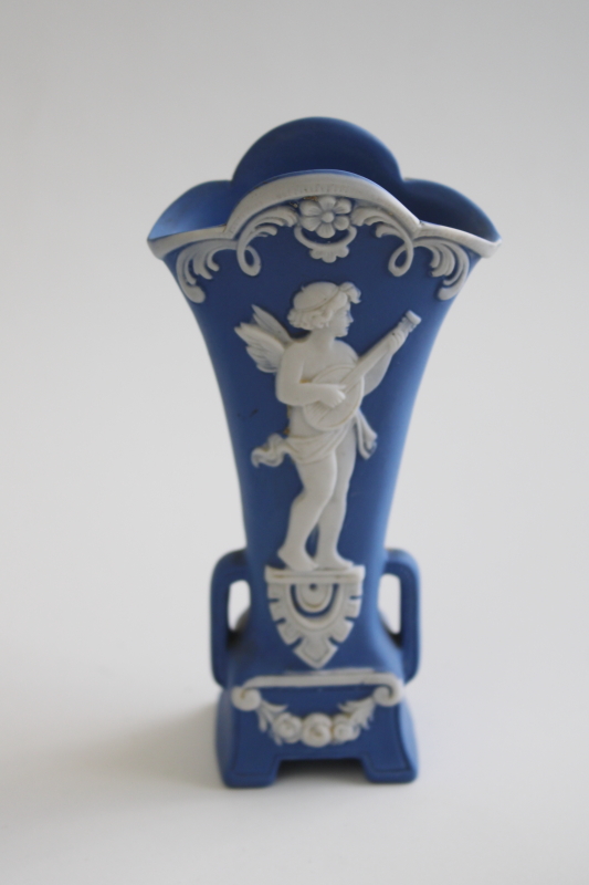 photo of antique jasperware china vanity set w/ powder, trinket box Schafer & Vater Wedgwood blue & white #8