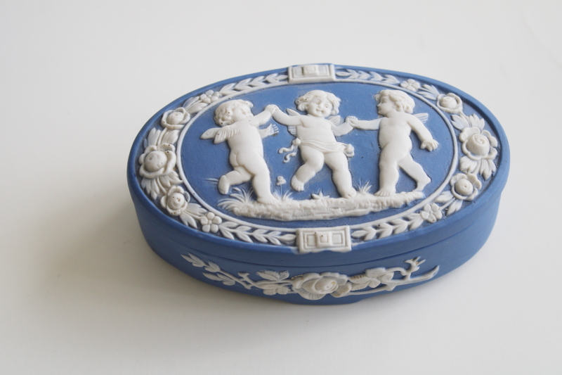 photo of antique jasperware china vanity set w/ powder, trinket box Schafer & Vater Wedgwood blue & white #10