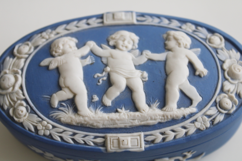 photo of antique jasperware china vanity set w/ powder, trinket box Schafer & Vater Wedgwood blue & white #11