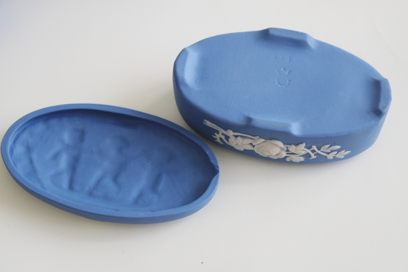 photo of antique jasperware china vanity set w/ powder, trinket box Schafer & Vater Wedgwood blue & white #13