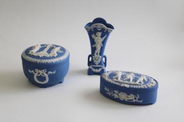 catalog photo of antique jasperware china vanity set w/ powder, trinket box Schafer & Vater Wedgwood blue & white