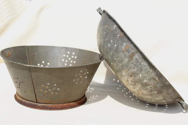 photo of antique kitchen primitive colanders, vintage tin metal strainer bowls #1