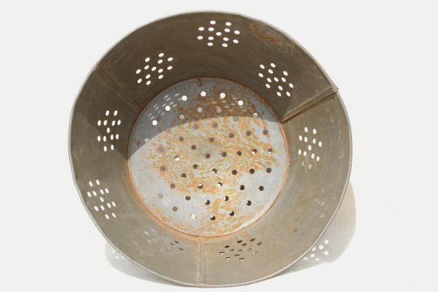 photo of antique kitchen primitive colanders, vintage tin metal strainer bowls #2