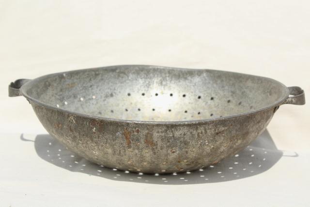 photo of antique kitchen primitive colanders, vintage tin metal strainer bowls #5