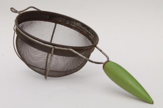 photo of antique kitchen strainer, 20s 30s vintage art deco kitchenware, wood torpedo handle sieve #1