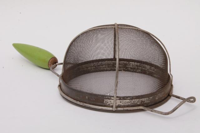 photo of antique kitchen strainer, 20s 30s vintage art deco kitchenware, wood torpedo handle sieve #4