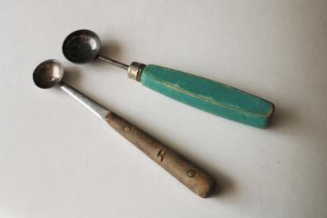 catalog photo of antique kitchen utensils, teal painted wood handle tiny scoops fruit corer or melon ball