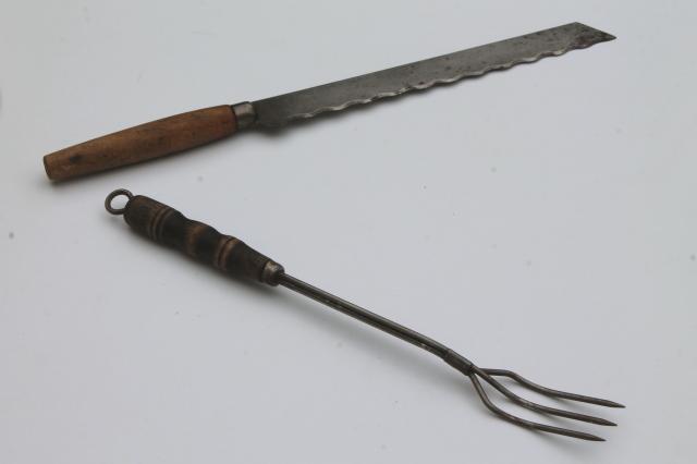 photo of antique knife and fork, toast fork w/ wood handle & serrated blade bread slicer #6