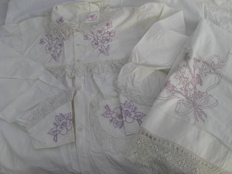 photo of antique lace trimmed embroidered cotton wedding apron, nightdress #1