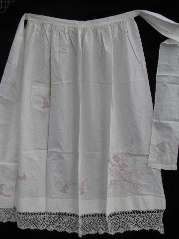 photo of antique lace trimmed embroidered cotton wedding apron, nightdress #2