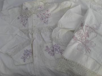 catalog photo of antique lace trimmed embroidered cotton wedding apron, nightdress