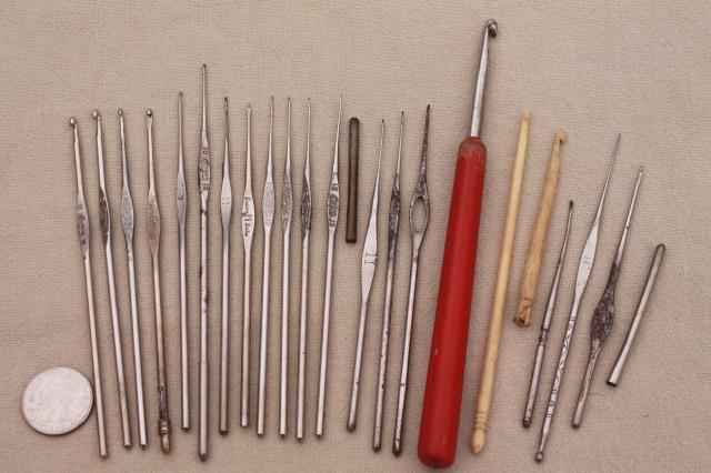 photo of antique lacemaking lace crochet hook lot, tiny bone & steel hooks, large net crochet hook #1