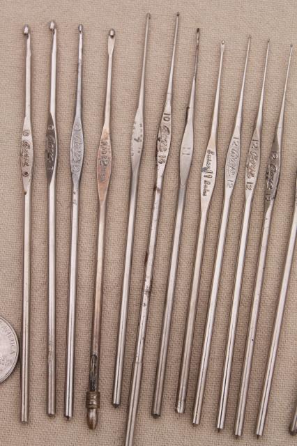 photo of antique lacemaking lace crochet hook lot, tiny bone & steel hooks, large net crochet hook #2