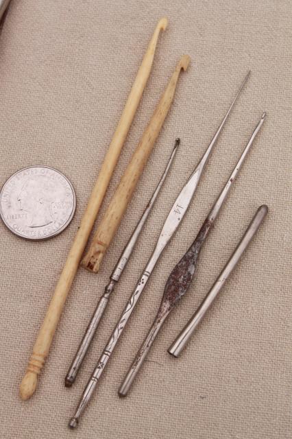 photo of antique lacemaking lace crochet hook lot, tiny bone & steel hooks, large net crochet hook #4