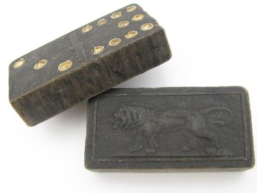 photo of antique lacquerware wood box and dominoes, old game pieces parts domino tiles #3